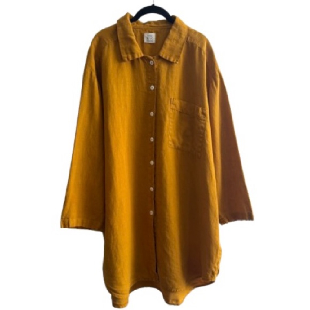 Man In The Studio Handmade Yellow Linen Button Down Shirtdress Long Sleeve Dress